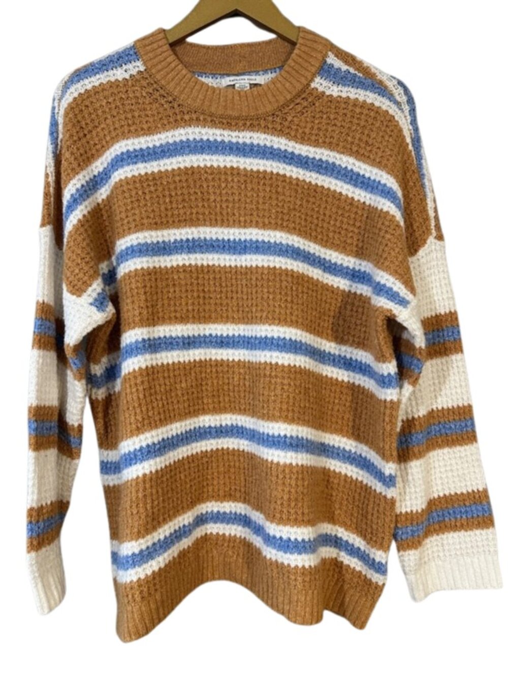 American Eagle Striped Sweater Camel Cream Blue Chunky Knit Pullover